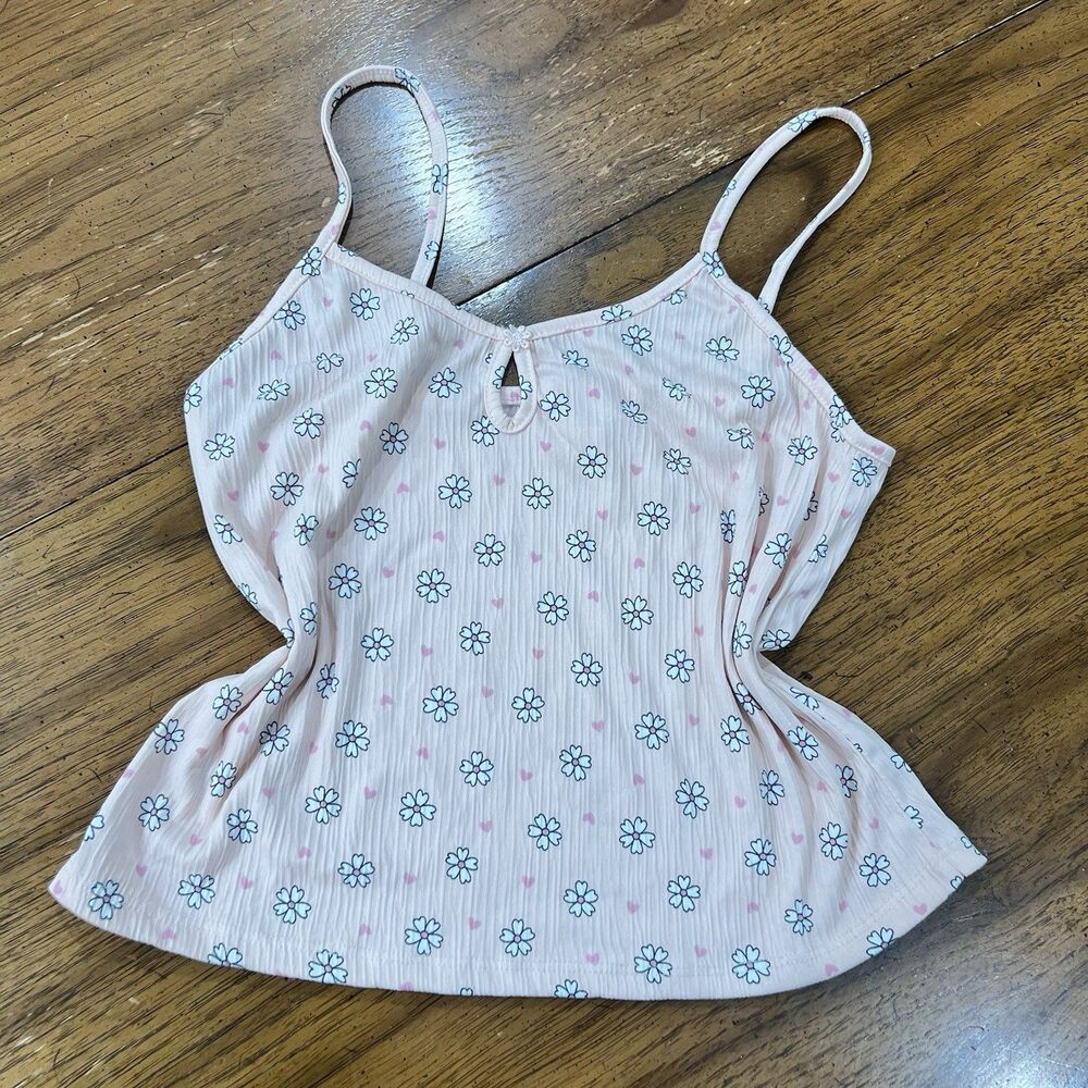 Love to Sleep Pink Daisy Heart Ribbed Cami Tank Top Keyhole Coquette Size M